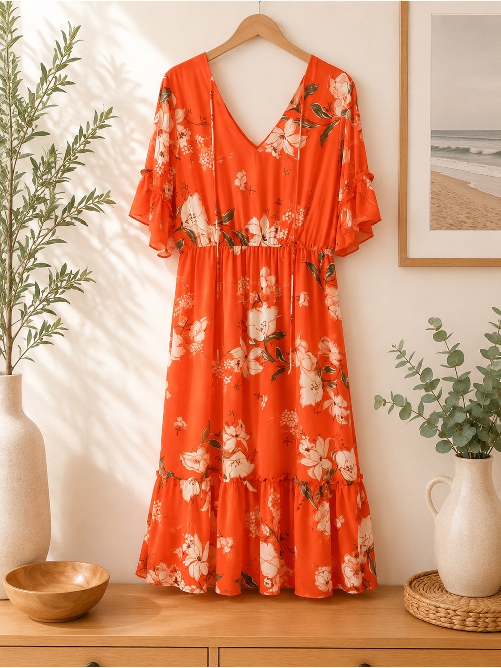 Bright Orange Floral V-Neck Midi Dress